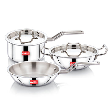 AVIAS AVI3 Triply Stainless Steel 5 Pcs Cookware Set, 22 cm Kadai with Lid, 22 cm Frypan, 14 cm Sauce Pan, Steel Casted Handles, Even and Fast Heating, Induction Bottom